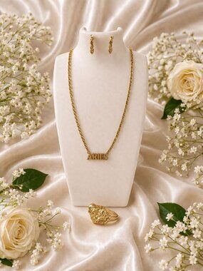 Aries Zodiac Jewelry Set ♈ Elegant Necklace, Earrings & Statement Ring ✨💛